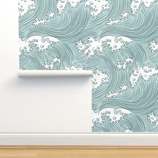 Pre-Pasted Wallpaper 2FT Wide Rolling Waves Vintage Asian Chinese Japan Japanese Water Line Summer Doodle Home Decor Sea Ocean Wave Custom Pre-pasted Wallpaper by Spoonflower {2}