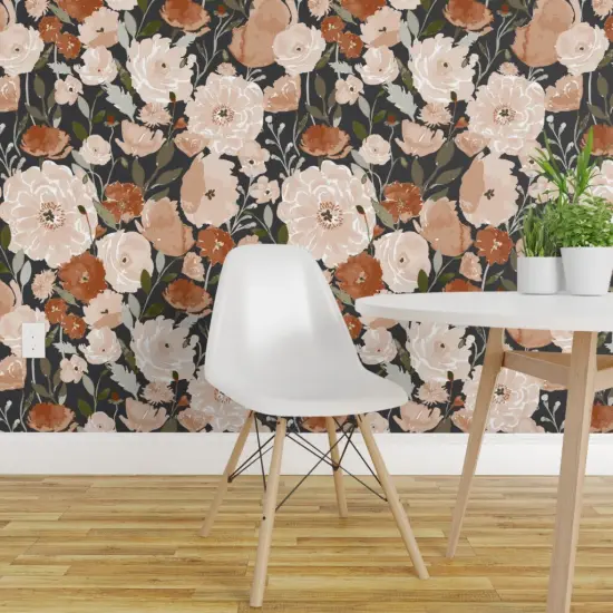 Pre-Pasted Wallpaper 2FT Wide Flower Black Floral Summer Large Watercolor Florals Garden Jumbo Custom Pre-pasted Wallpaper by Spoonflower {1}