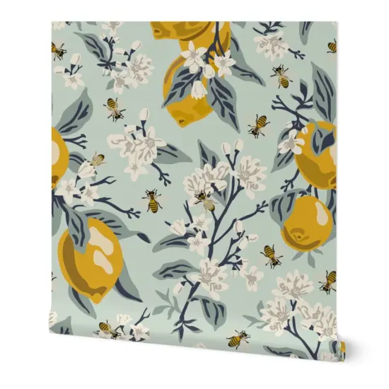 Peel & Stick Wallpaper 2FT Wide Mint Botanical Farmhouse Citrus Country Floral Rustic Modern Jumbo Scale Custom Removable Wallpaper by Spoonflower {7}