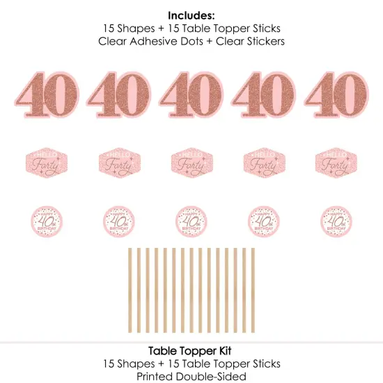 Big Dot of Happiness 40th Pink Rose Gold Birthday - Happy Birthday Party Centerpiece Sticks - Table Toppers - Set of 15 {7}