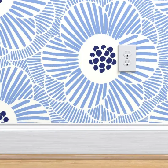 Pre-Pasted Wallpaper 2FT Wide Blue Camellia Floral Modern Abstract Hand-Drawn Large Scale Custom Pre-pasted Wallpaper by Spoonflower {4}