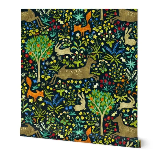 Peel & Stick Wallpaper 2FT Wide Medieval Animals Vintage Look Woodland Deer Fox Forest Wildflowers Custom Removable Wallpaper by Spoonflower {7}