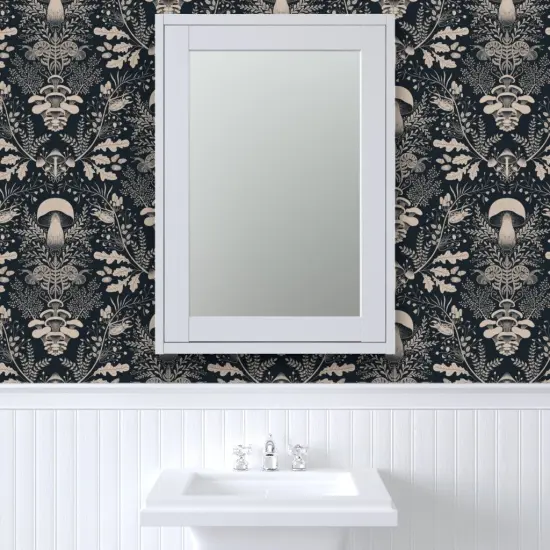 Pre-Pasted Wallpaper 2FT Wide Mushroom Damask Floral Forest Snail Ferns Acorn Beetles Leaves Oak Porcini Outdoors Nature Custom Pre-pasted Wallpaper by Spoonflower {6}