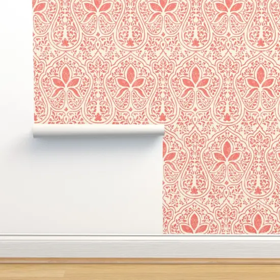Pre-Pasted Wallpaper 2FT Wide Bohemian Coral Batik Indian Inspired Weathered Look Boho Worldly Decor Summer Pink Custom Pre-pasted Wallpaper by Spoonflower {2}
