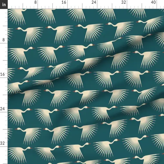 Various Fabrics by the Yard or Fat Quarter Birds Teal Art Deco Crane Fly Long Neck Wings Sunburst Animal Swan Feather Flair Cream Teal Orange Migration Modern Graphic Air Sky Flock Custom Printed Fabric by Spoonflower {1}