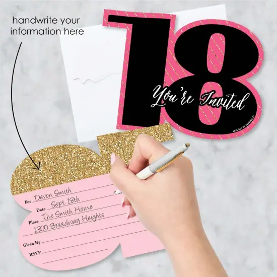 Big Dot of Happiness Chic 18th Birthday - Pink, Black and Gold - Shaped Fill-in Invites - Birthday Party Invitation Cards with Envelopes - Set of 12 {3}