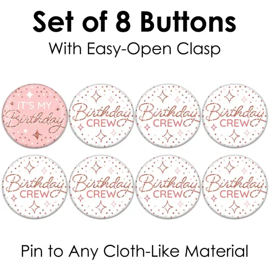 Big Dot of Happiness Pink Rose Gold Birthday - 3 inch Happy Birthday Party Badge - Pinback Buttons - Set of 8 {7}