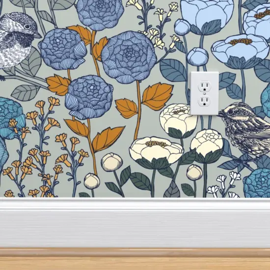 Peel & Stick Wallpaper 2FT Wide Winter Garden Birds Flowers Snow Day Floral Silver Landscape Botanical Blooms Wedding Custom Removable Wallpaper by Spoonflower {4}