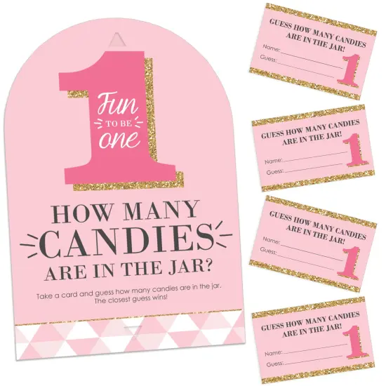 Big Dot of Happiness 1st Birthday Girl - Fun to be One - How Many Candies First Birthday Party Game - 1 Stand and 40 Cards - Candy Guessing Game {1}