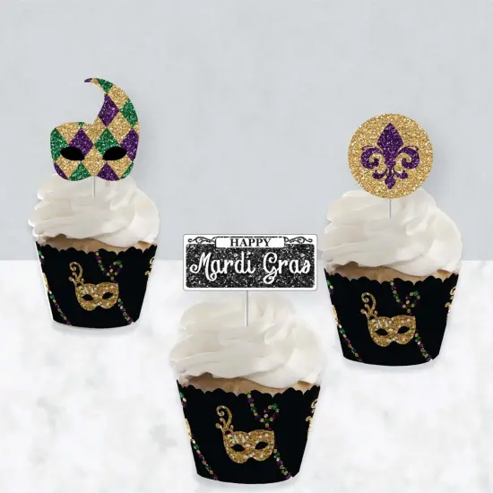 Big Dot of Happiness Mardi Gras - Cupcake Decoration - Masquerade Party Cupcake Wrappers and Treat Picks Kit - Set of 24 {4}