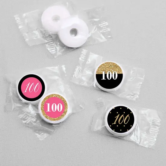 Big Dot of Happiness Chic 100th Birthday - Pink, Black and Gold - Round Candy Sticker Favors - Labels Fits Chocolate Candy (1 sheet of 108) {4}