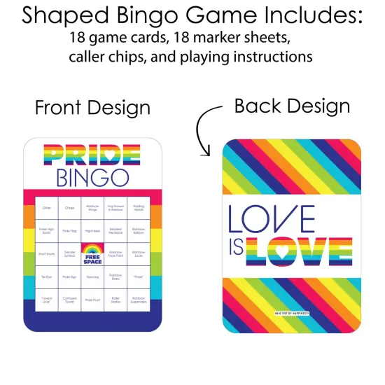 Big Dot of Happiness Love is Love - Pride - Bar Bingo Cards and Markers - Rainbow Party Shaped Bingo Game - Set of 18 {4}
