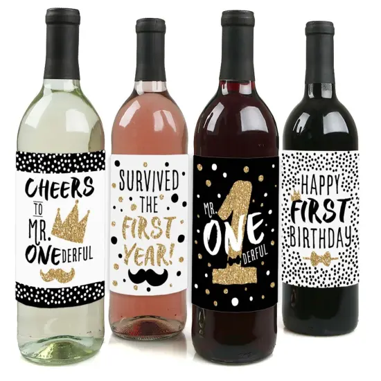 Big Dot of Happiness 1st Birthday Little Mr. Onederful - Boy First Birthday Party Decorations for Women & Men - Wine Bottle Label Stickers - Set of 4 {1}