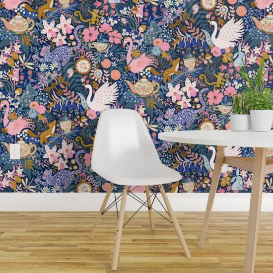 Pre-Pasted Wallpaper 2FT Wide Maximalist Tea Party Whimsical Chintz Pink Purple Mustard Swans And Flamingos Custom Pre-pasted Wallpaper by Spoonflower {1}