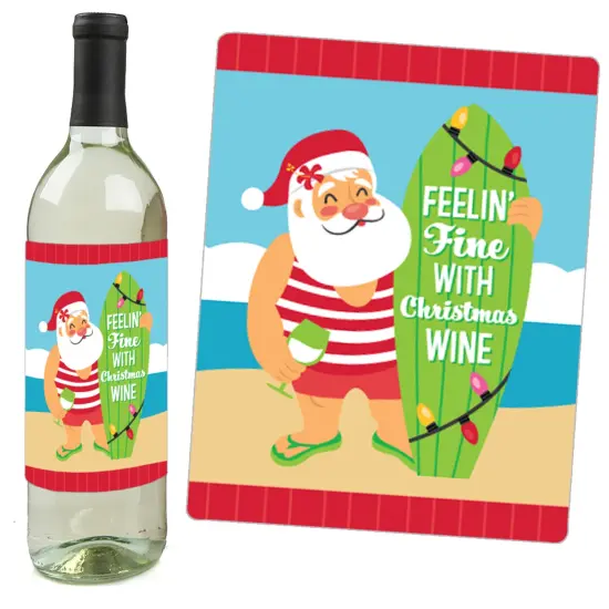 Big Dot of Happiness Tropical Christmas - Beach Santa Holiday Party Decorations for Women and Men - Wine Bottle Label Stickers - Set of 4 {6}