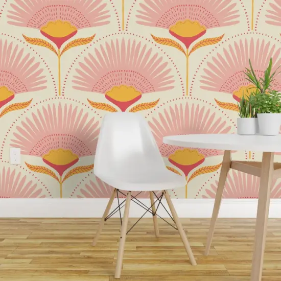 Pre-Pasted Wallpaper 2FT Wide Jumbo Palms Art Deco Palm Mid Century Blush Pink Mustard Beige Geometric Scallops Scales Large Scale Custom Pre-pasted Wallpaper by Spoonflower {1}
