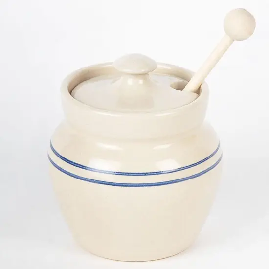 Martinez Pottery Heritage Blue Stripe Stoneware Honey Pot with Wooden Dipper {3}