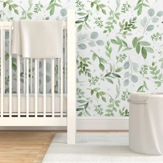Pre-Pasted Wallpaper 2FT Wide Leaves Watercolor Botanical Greenery Soft Eucalyptus Larger Repeat Custom Pre-pasted Wallpaper by Spoonflower {7}