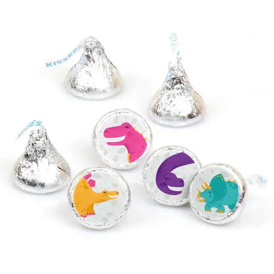 Big Dot of Happiness Roar Dinosaur Girl - Dino Mite T-Rex Party Round Candy Sticker Favors - Labels Fits Chocolate Candy (1 sheet of 108) {1}