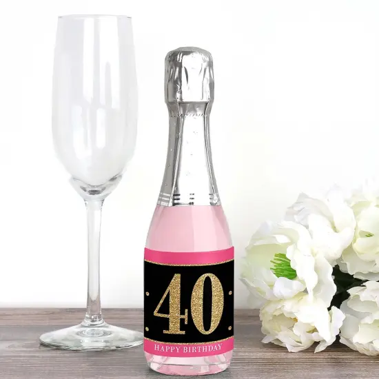 Big Dot of Happiness Chic 40th Birthday - Pink, Black and Gold - Mini Wine and Champagne Bottle Label Stickers - Birthday Party Favor Gift - Set of 16 {3}