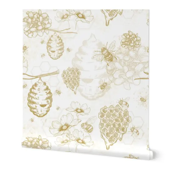 Peel & Stick Wallpaper 2FT Wide Yellow Flowers Mustard Bee Honey Toile Beehive Honeycomb Hexagon Pollen Beekeeper Handdrawn Modern Apiary Custom Removable Wallpaper by Spoonflower {7}