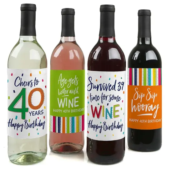 Big Dot of Happiness 40th Birthday - Cheerful Happy Birthday - Colorful Fortieth Birthday Party Decor - Wine Bottle Label Stickers - Set of 4 {1}