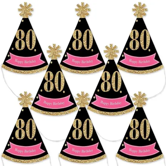 Big Dot of Happiness Chic 80th Birthday - Pink, Black and Gold - Mini Cone Birthday Party Hats - Small Little Party Hats - Set of 8 {1}