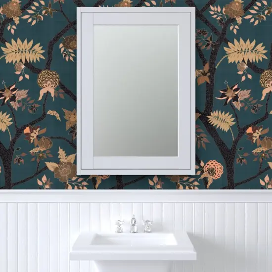 Pre-Pasted Wallpaper 2FT Wide Teal Peony Branch Bro Floral Large Scale Chinoiserie Botanical Woodland Forest Tree Foliage Custom Pre-pasted Wallpaper by Spoonflower {6}