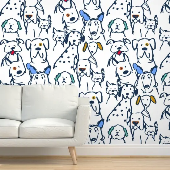 Pre-Pasted Wallpaper 2FT Wide Whimsical Dog Doodle Large Scale Pets Veterinarian Rescue Lover Hand Drawn Quirky Animals Blue Cute Custom Pre-pasted Wallpaper by Spoonflower {5}
