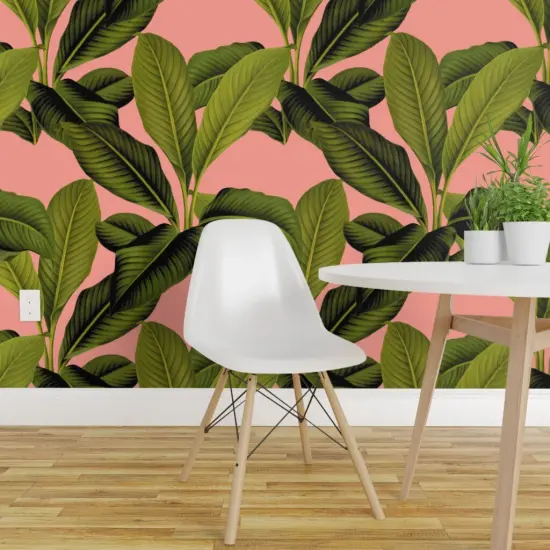 Peel & Stick Wallpaper 2FT Wide Tropical Botanical Coral Pink Palm Leaves Green Tree Banana Leaf Custom Removable Wallpaper by Spoonflower {1}
