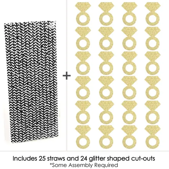 Big Dot of Happiness Gold Glitter Diamond Ring Party Straws - No-Mess Real Glitter Cut-Outs & Bridal or Bachelorette Party Paper Straws - Set of 24 {6}