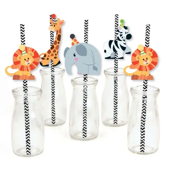 Big Dot of Happiness Jungle Party Animals - Paper Straw Decor - Safari Zoo Animal Birthday Party or Baby Shower Striped Decorative Straws - Set of 24 {1}