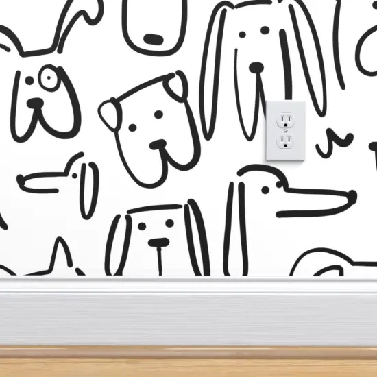 Peel & Stick Wallpaper 2FT Wide Doodle Dogs Black And White Cute Modern Whimsical Dog Custom Removable Wallpaper by Spoonflower {4}
