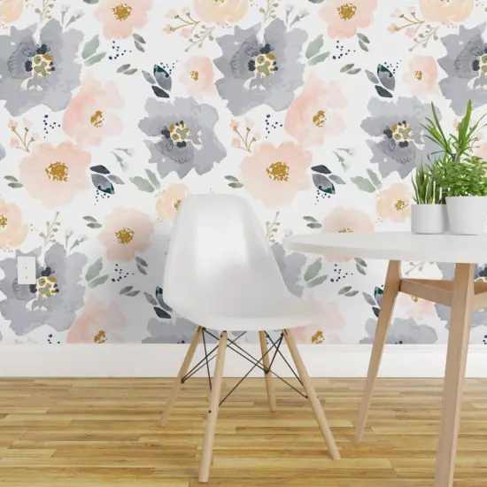 Peel & Stick Wallpaper 2FT Wide Blossoms Navy Bloom Farmhouse Children Custom Removable Wallpaper by Spoonflower {1}
