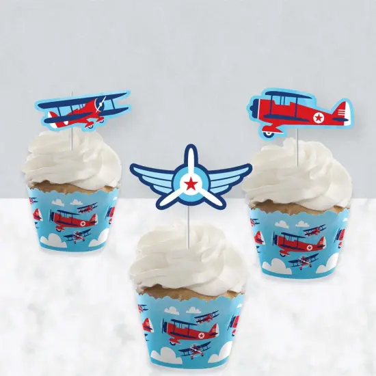 Big Dot of Happiness Taking Flight - Airplane - Cupcake Decoration - Vintage Plane Party - Cupcake Wrappers and Treat Picks Kit - Set of 24 {4}