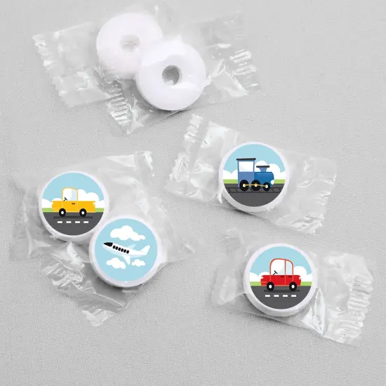 Big Dot of Happiness Cars, Trains, and Airplanes - Transportation Birthday Round Candy Sticker Favors - Labels Fits Chocolate Candy (1 sheet of 108) {4}