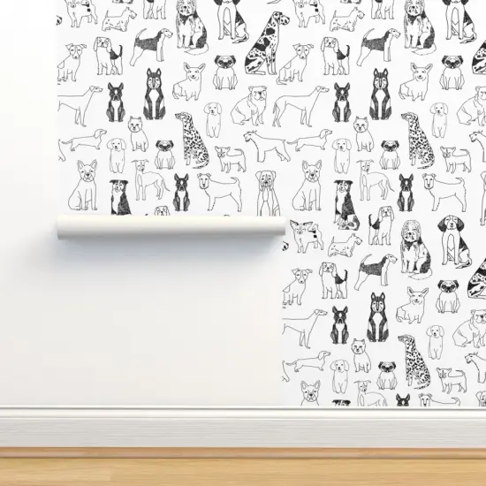 Peel & Stick Wallpaper 2FT Wide Black White Dogs Ink Drawing Dalmatian Labrador Retriever Terrier St Bernard Dog Breeds Custom Removable Wallpaper by Spoonflower {2}