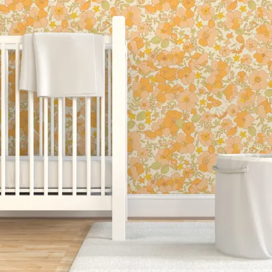 Pre-Pasted Wallpaper 2FT Wide 1970S Floral Yellow Flowers Peach 70S Nursery Sunny Blooming Bohemian Pattern Illustrated Flower Power Custom Pre-pasted Wallpaper by Spoonflower {7}