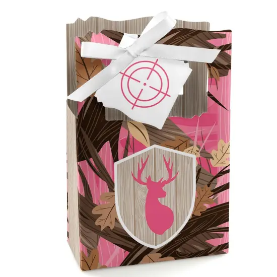 Big Dot of Happiness Pink Gone Hunting - Deer Hunting Girl Camo Baby Shower or Birthday Party Favor Boxes - Set of 12 {1}