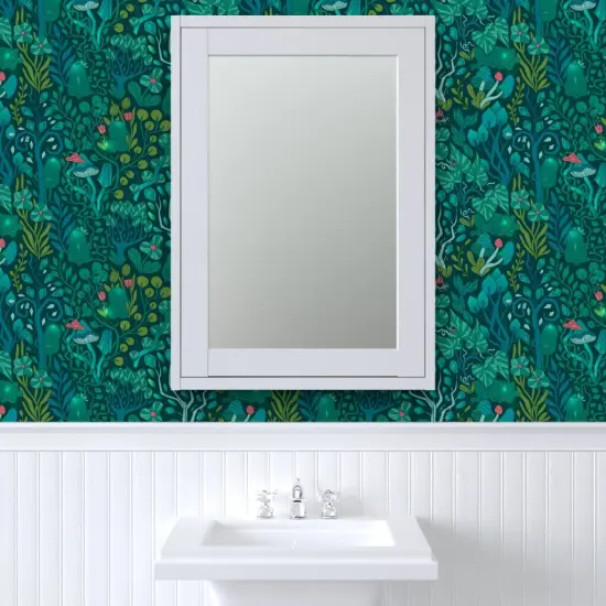 Peel & Stick Wallpaper 2FT Wide Emerald Forest Fairy Woodland Creatures Green Nature Trees Crystals Magical Mystical Custom Removable Wallpaper by Spoonflower {6}