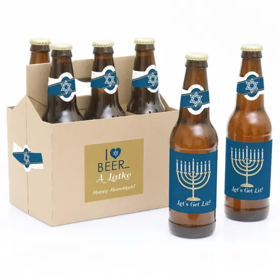 Big Dot of Happiness Happy Hanukkah - Chanukah Decorations for Women and Men - 6 Beer Bottle Label Stickers and 1 Carrier {1}