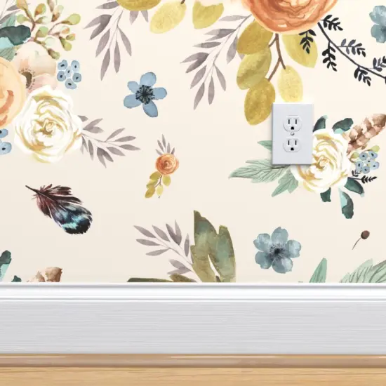 Peel & Stick Wallpaper 2FT Wide Western Autumn Florals Ivory Rustic Floral Watercolor Boho Chic Feather Woodland Girly Custom Removable Wallpaper by Spoonflower {4}