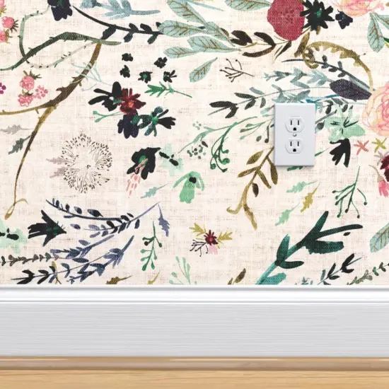 Peel & Stick Wallpaper 2FT Wide Romantic Floral Woven Look Watercolor Blooms Feminine Flowers Botanical Custom Removable Wallpaper by Spoonflower {4}