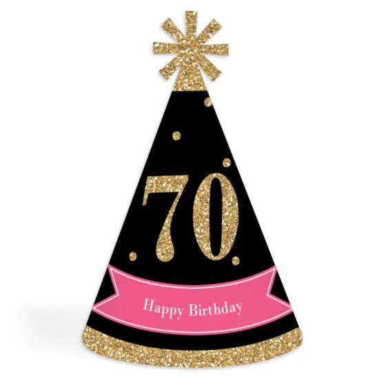 Big Dot of Happiness Chic 70th Birthday - Pink, Black and Gold - Cone Happy Birthday Party Hats for Adults - Set of 8 (Standard Size) {1}
