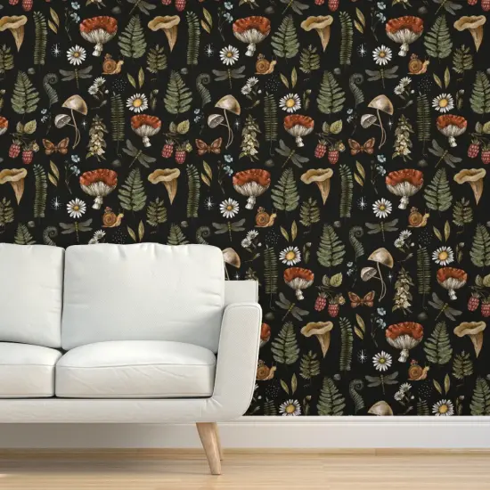 Peel & Stick Wallpaper 2FT Wide Woodland Fern Moth Dragonfly mushrooms Wildflowers Fly Agaric Amanita Witchcraft Nature Forest Custom Removable Wallpaper by Spoonflower {5}