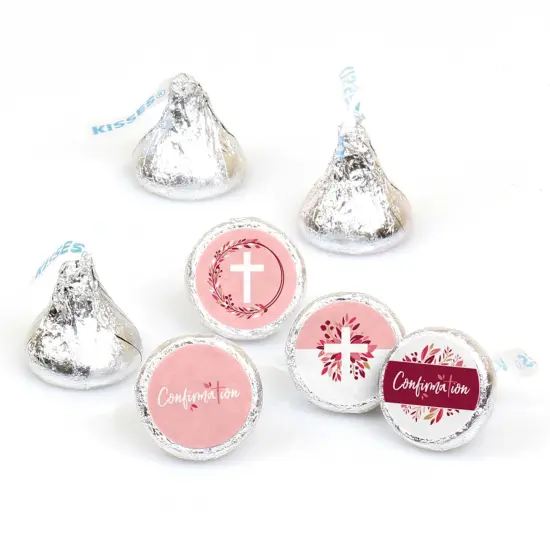 Big Dot of Happiness Confirmation Pink Elegant Cross - Girl Religious Party Round Candy Sticker Favors - Labels Fits Chocolate Candy (1 sheet of 108) {1}