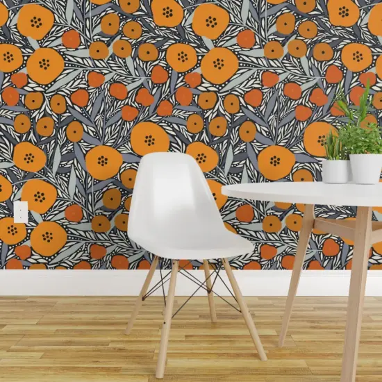 Pre-Pasted Wallpaper 2FT Wide Modern Flowers Nature Botanical Floral Orange Gray Black Mod Custom Pre-pasted Wallpaper by Spoonflower {1}