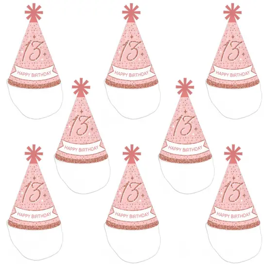 Big Dot of Happiness 13th Pink Rose Gold Birthday - Cone Happy Birthday Party Hats for Kids and Adults - Set of 8 (Standard Size) {7}