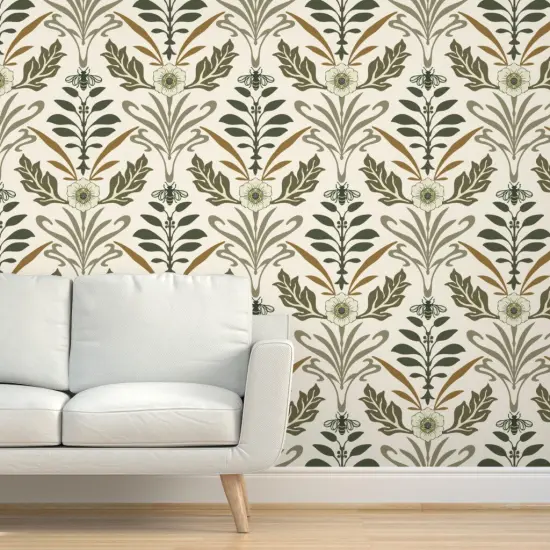 Pre-Pasted Wallpaper 2FT Wide Elegant Floral Vintage Inspired Neutral Nature Large Scale Art Nouveau Custom Pre-pasted Wallpaper by Spoonflower {5}