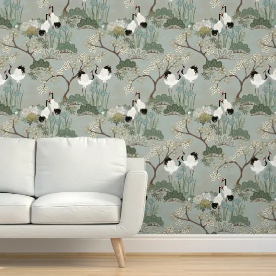 Pre-Pasted Wallpaper 2FT Wide Crane Chinoiserie Sakura Cherry Blossom Floral Birds And Flowers Gardens Custom Pre-pasted Wallpaper by Spoonflower {5}